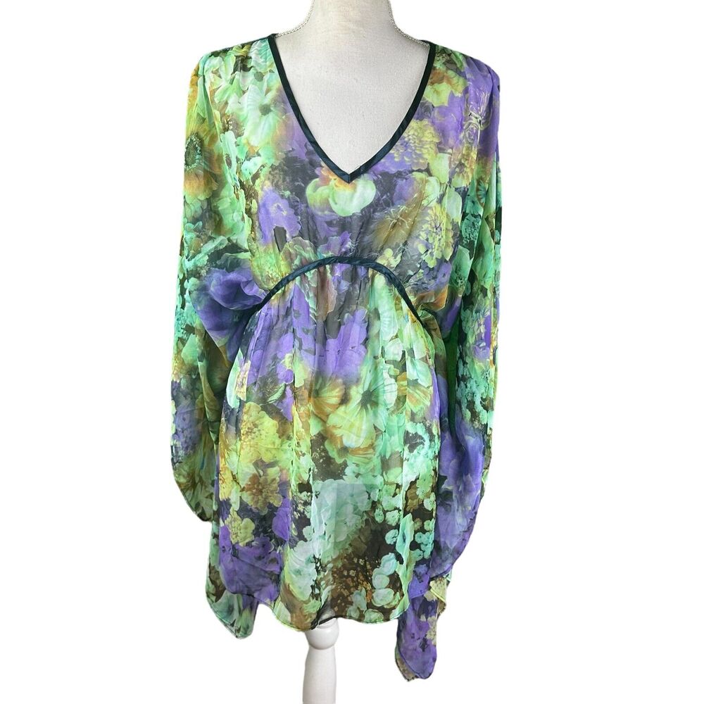 Classique Beach Coverup One Size Fits Most Green Purple Yellow Sheer Chiffon